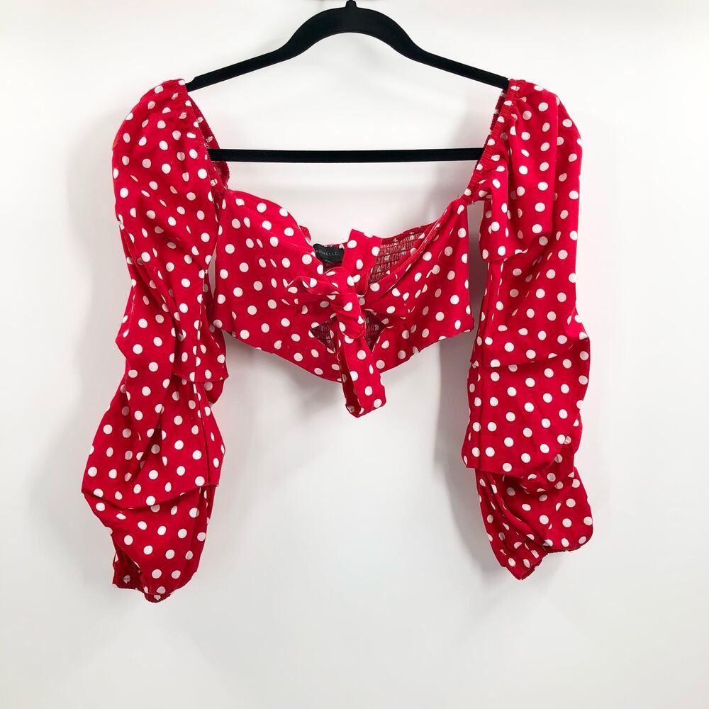 Majorelle Red White Polka Dot Crop Top Off the Shoulder Long Sleeve Smocked